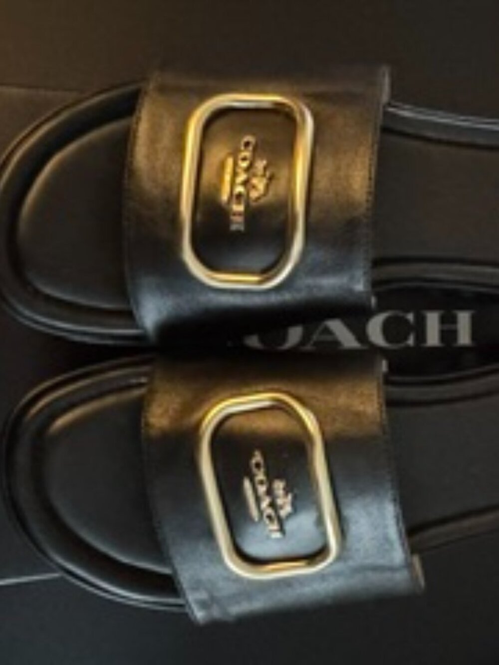 Coach Black Leather Platform Slide Sandals with Gold Logo Hardware – Size 10